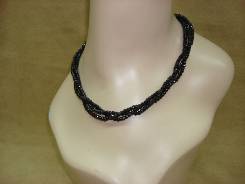 Vintage KJC hematite choker necklace with three strands of faceted beads and a sterling clasp