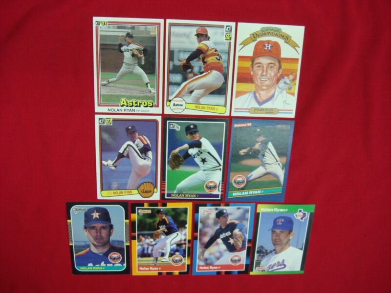 Vintage Nolan Ryan Donruss baseball cards from the 1980s featuring Astros and Rangers Diamond Kings