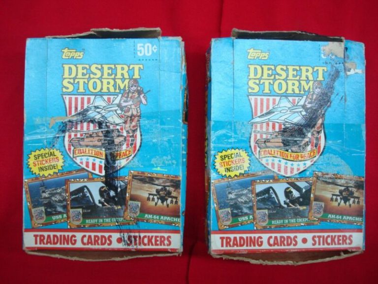 Two unopened boxes of 1991 Topps Desert Storm trading cards, each containing a complete set.