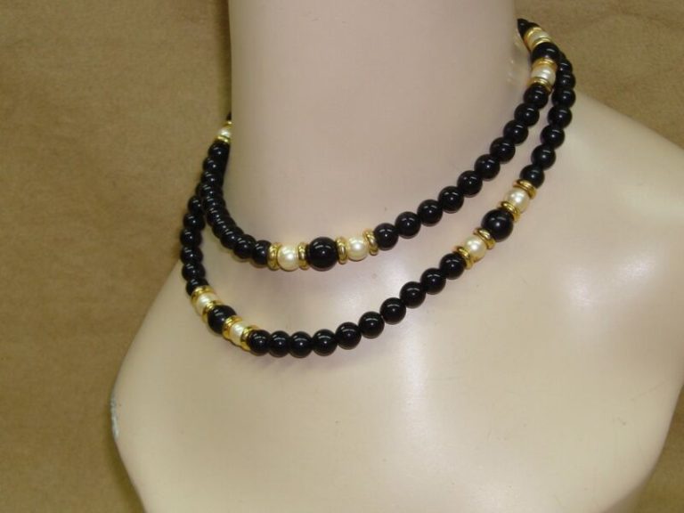 Vintage Napier Black, Gold & Cream Faux Pearl Necklace 1970s-80s