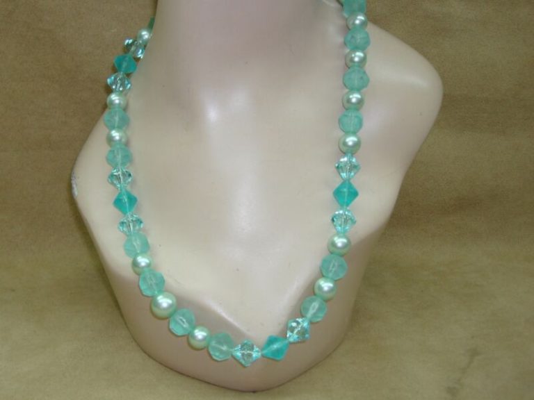 Vintage aqua lucite and faux pearl necklace, 24 inches