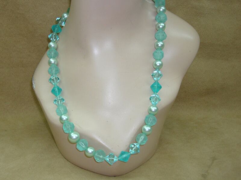 Vintage aqua lucite and faux pearl necklace, 24 inches