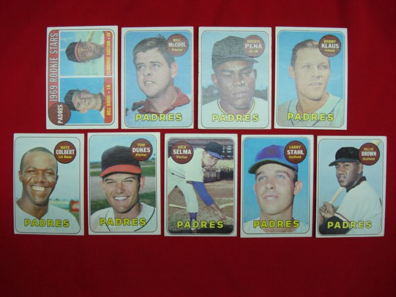 Vintage 1969 Topps San Diego Padres baseball cards featuring rookie stars Bill Davis and Clarence Gaston