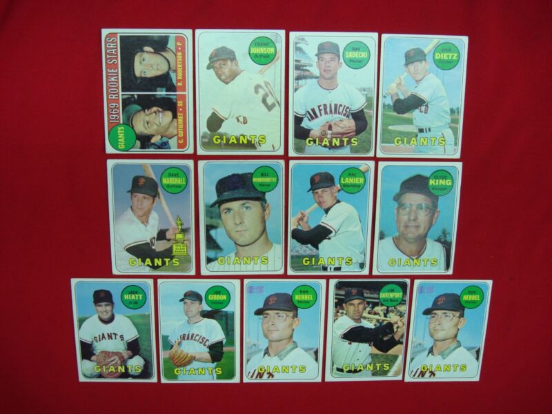 13-card lot of vintage 1969 Topps San Francisco Giants baseball cards, including rookies C. Gutierrez (#16) and R. Robertson.