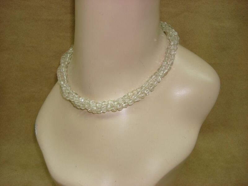 Vintage 3 strand crystal choker necklace with clear glass beads and silver filigree clasp
