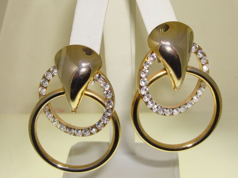 Vintage 1980s Gold Tone Rhinestone Statement Earrings