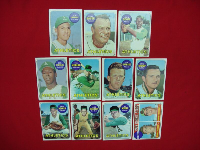 Collection of 11 vintage 1969 Topps Oakland Athletics baseball cards, including Bert Campaneris #495