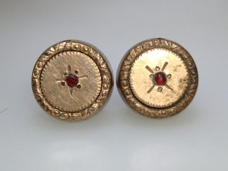 Antique rose gold plated garnet collar buttons, Victorian era vest buttons (pair)
