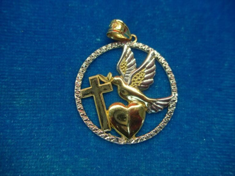 14K Yellow/White Gold Dove, Cross & Heart Pendant with Diamond Accents