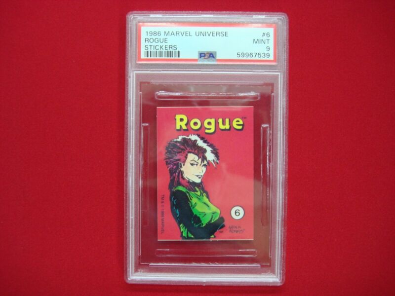 PSA 9 graded Rogue #6 Marvel Universe Sticker (1986) in Gem Mint condition.