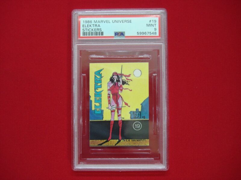 PSA 9 graded Elektra #19 (1986) Marvel Universe sticker, rare and collectible