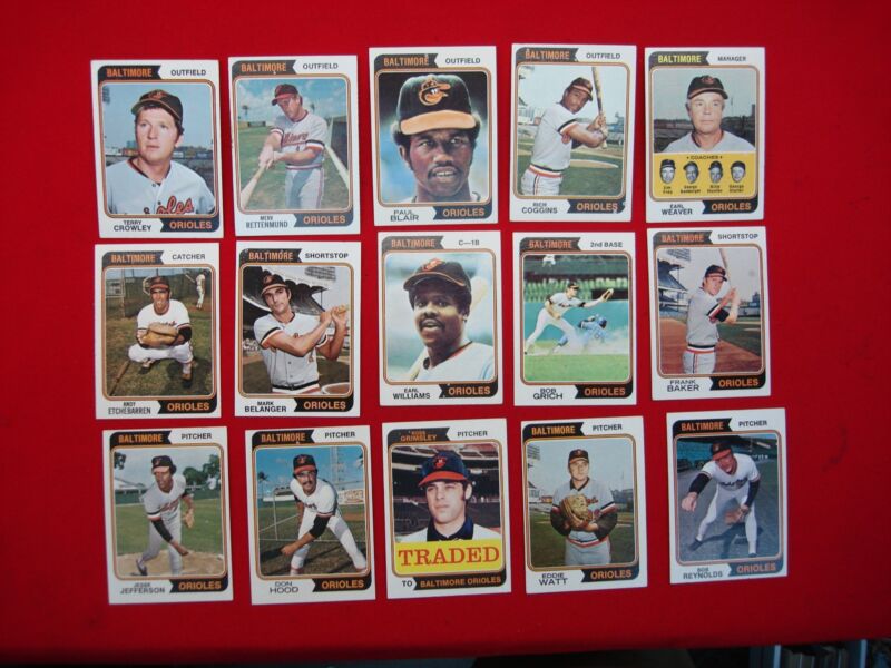 1974 Topps Baltimore Orioles Baseball Cards - 15 Player Set