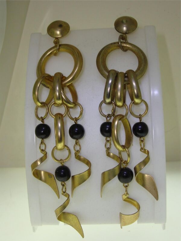 Vintage 1980s gold-tone dangle earrings with black glass and oval rings