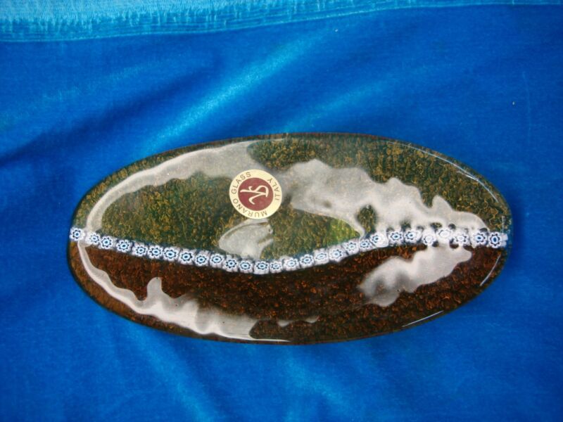 Vintage Murano glass trinket dish, Italy - oval, two-tone design, original tag