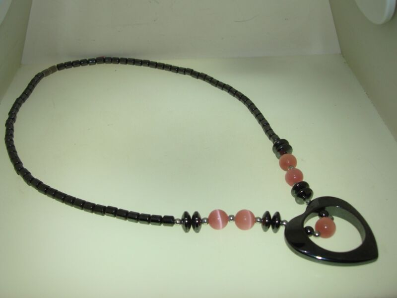 Vintage Hematite & Pink MOP Choker Necklace - 17 Inch, Heart-Shaped Hematite Accent