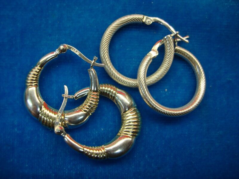 Sterling silver hoop earrings (2 pairs), stylish designs, 7/8 inch, excellent condition