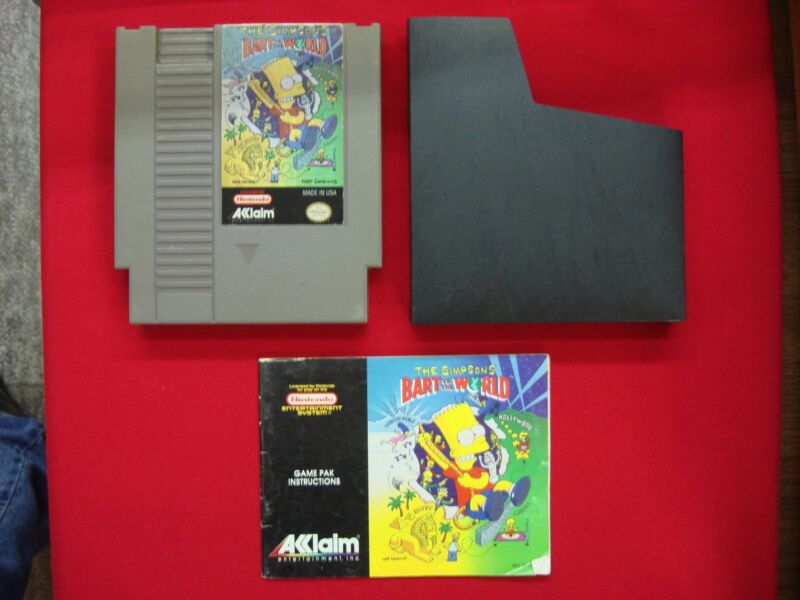 The Simpsons Bart vs. The World NES game cartridge by Acclaim with manual and sleeve