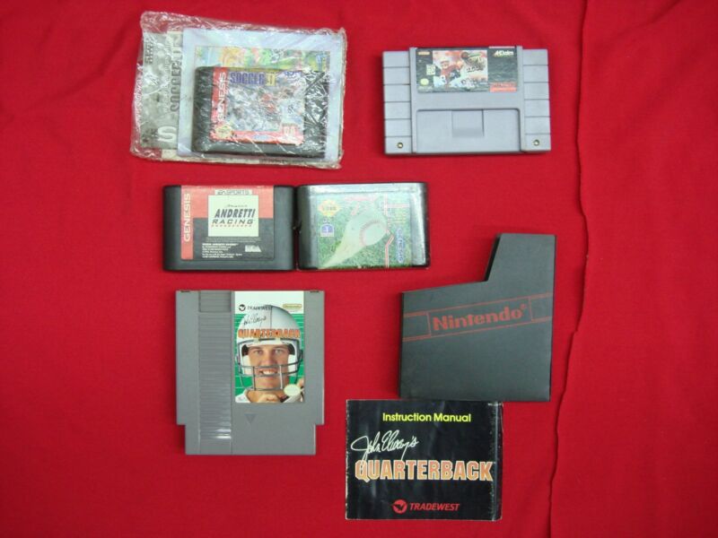 Collection of 5 vintage sports video game cartridges for Sega Genesis, SNES, and Nintendo