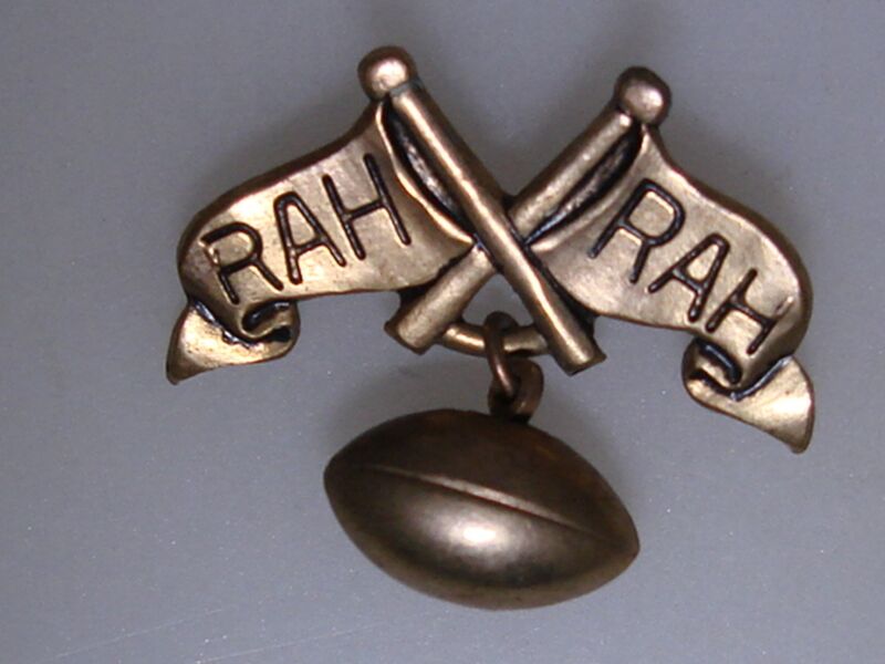Vintage football cheer pin with 'RAH RAH' design, from the 1930s-40s.