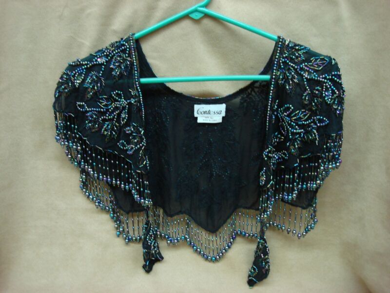 Vintage Contessa silk beaded shawl cape, iridescent black, mint condition