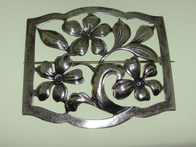 Antique Baur Sterling Silver Dogwood Blossom Brooch - Art Nouveau Design