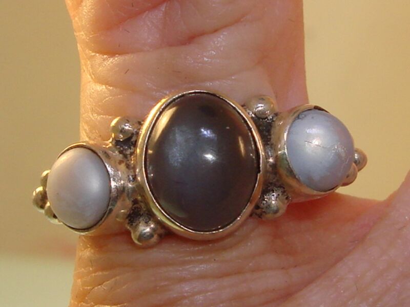 Vintage Janice Girardo Sterling Silver Blue Pearl & Moonstone Ring (Size 5.5)
