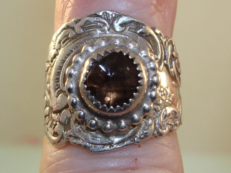 Antique sterling silver repousse spoon ring with smoky quartz
