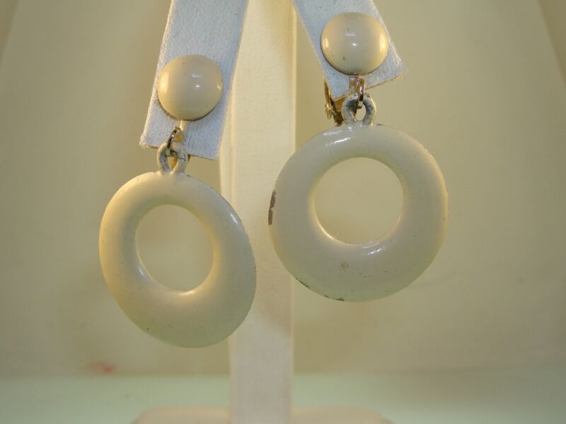Vintage creme enamel dangle clip-on earrings, 1950s-60s