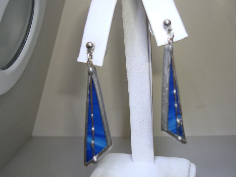Blue stained glass dangle earrings, triangle design