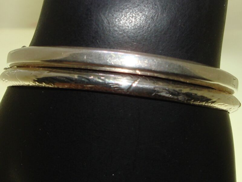 Vintage Sterling Silver Hinged Bangle Bracelets Set (2) - Etched & Plain Designs