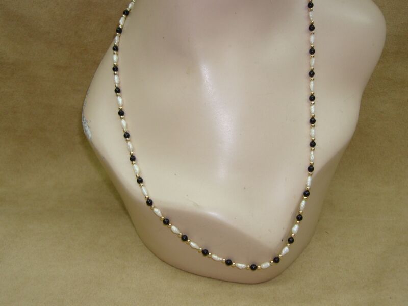 Vintage 24 Inch Pearl & Onyx Necklace