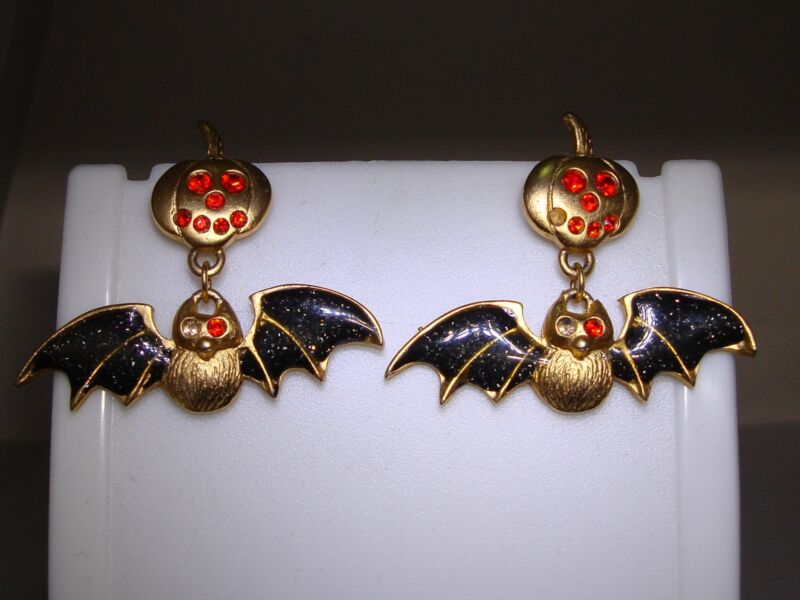 Gold Tone Enamel & Rhinestone Bat Pumpkin Halloween Earrings - AS