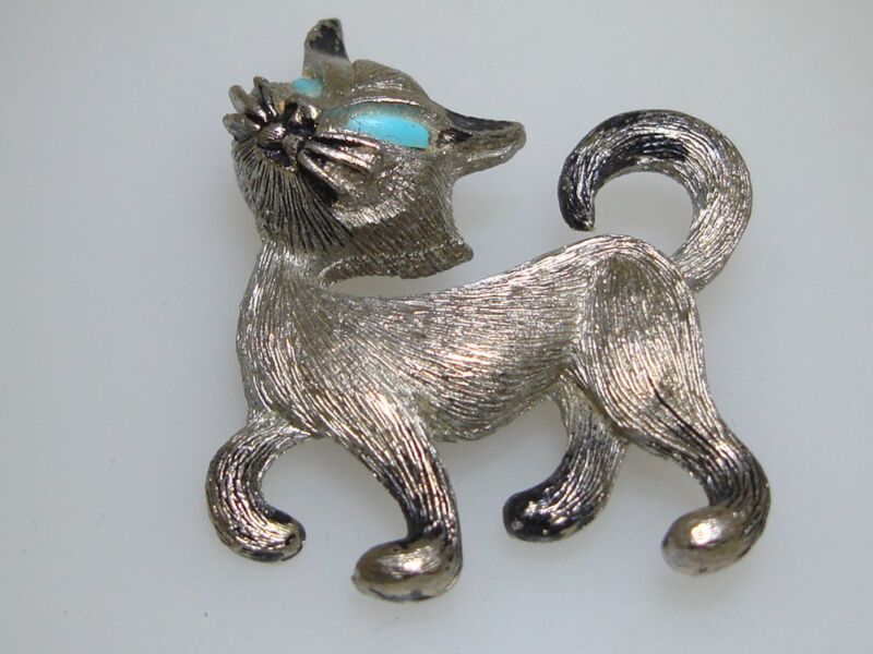 Vintage J.J. Jonette silver cat pin brooch with turquoise lucite eyes, 1970s