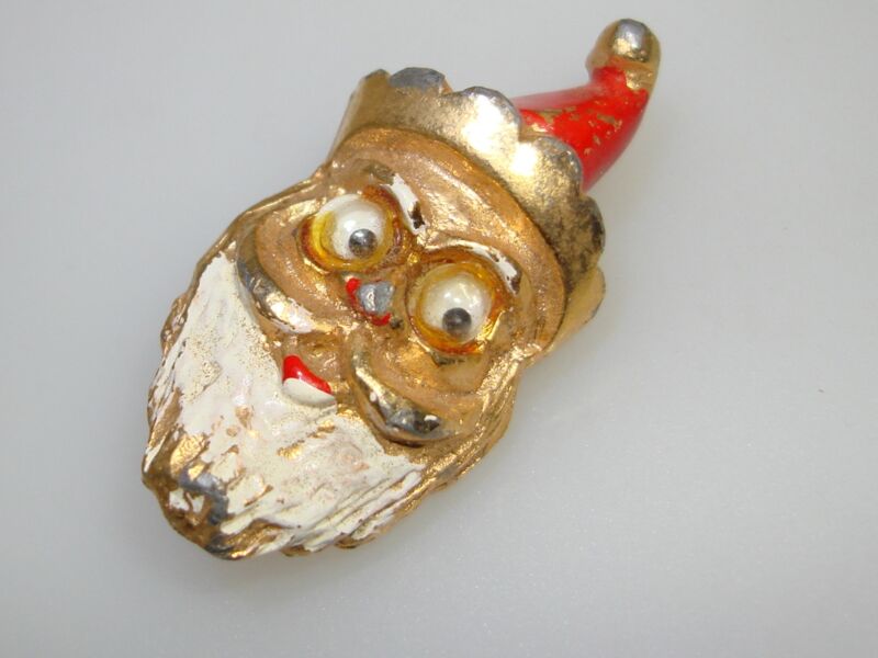 Vintage Googly-Eyed Santa Claus Pin, 1960s-70s Gold Tone Enamel Christmas Charm