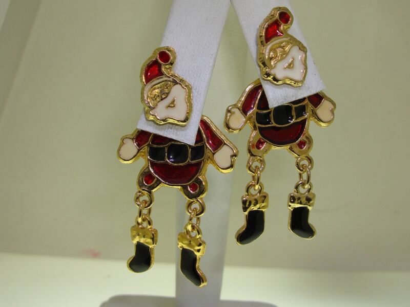 Vintage articulated enamel Santa Claus dangle pierced earrings in gold-tone metal