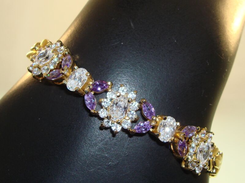 Sparkling vermeil sterling silver bracelet with clear and lavender cubic zirconia stones, near mint condition