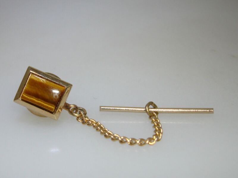 Vintage gold-tone tiger's eye tie tac signed 'S'