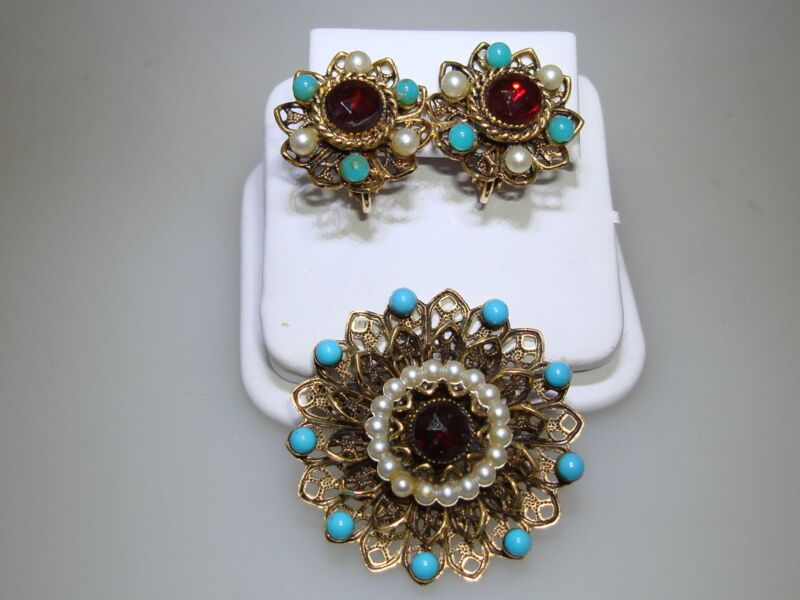 Vintage gold-tone faux pearl and turquoise pin and earring set