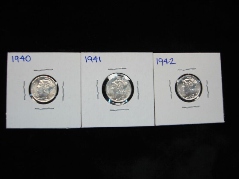 Set of three Brilliant Uncirculated (BU) Mercury dimes minted in Philadelphia between 1940 and 1942.