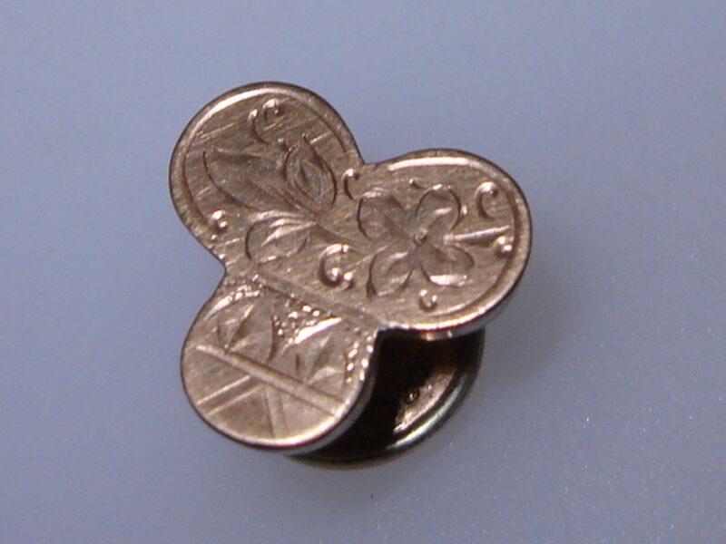 Antique rose gold filled tri-corner collar button, patented 1880