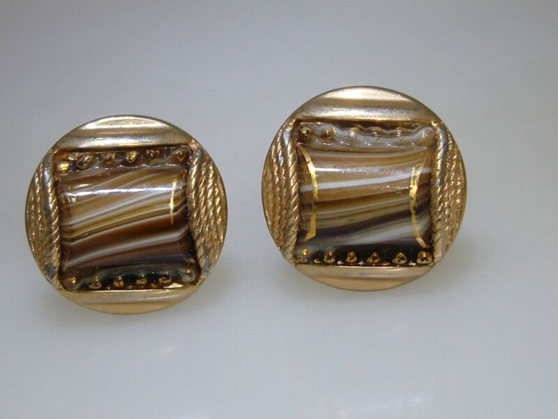 Vintage 1960s gold-tone art glass cufflinks with unique striated cabochons