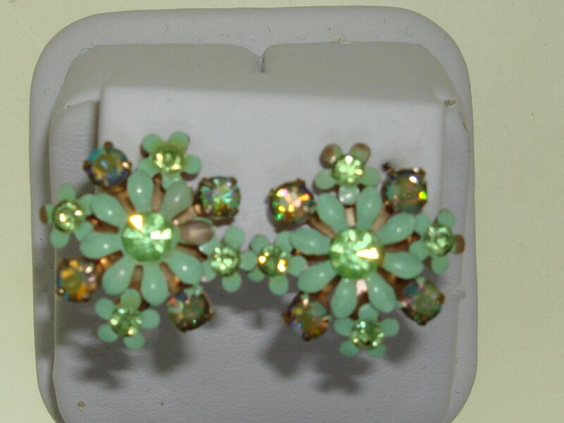 Vintage 1940s-50s Gold Tone Floral Earrings w/ Green Enamel & AB Rhinestones