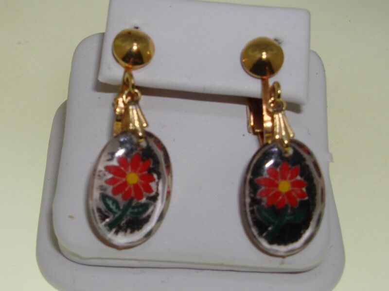 Vintage gold-tone lucite dangle earrings with red flower design
