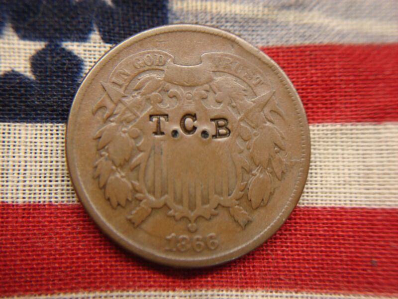 1866 U.S. Two Cent Piece with Rare 'T.C.B.' Counterstamp