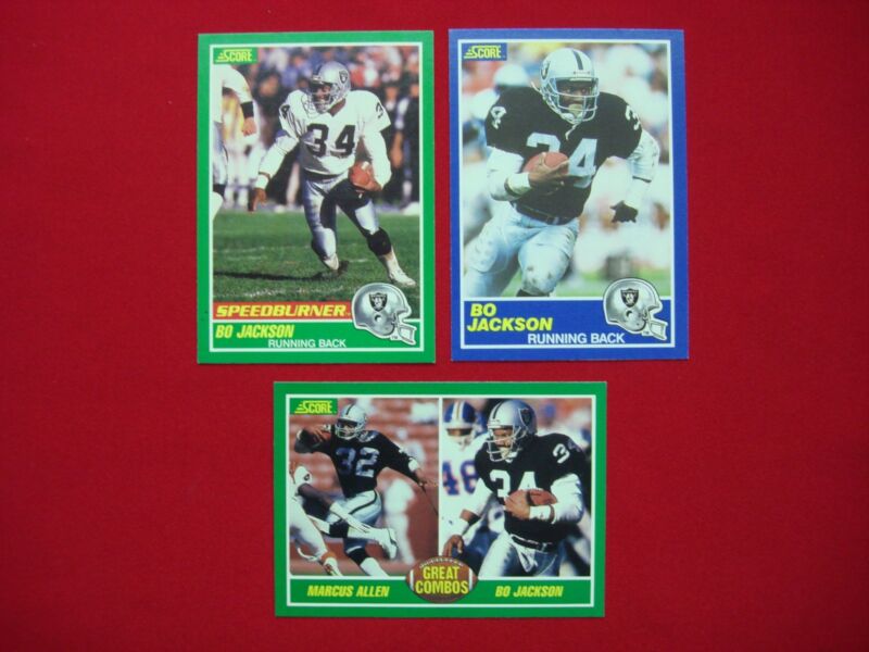 Vintage 1989 Score Football Bo Jackson cards #2, 284, and 314 featuring the Los Angeles Raiders