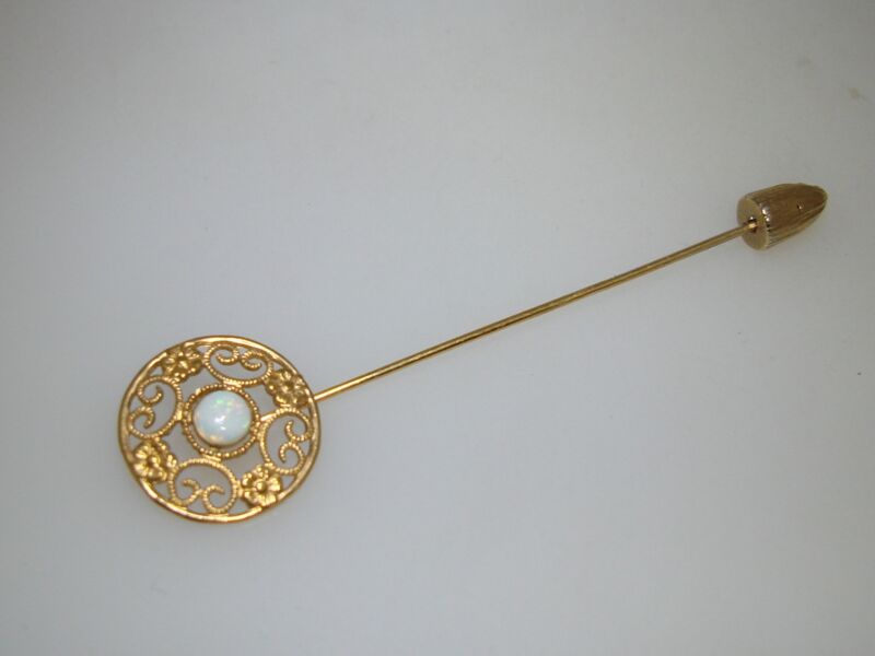 Vintage 12K gold filled filigree stick pin with fiery opal