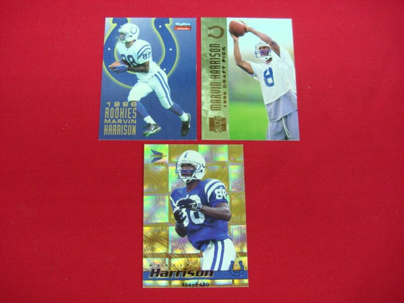 3 Marvin Harrison football cards including 2 serial numbered and 2 rookie cards
