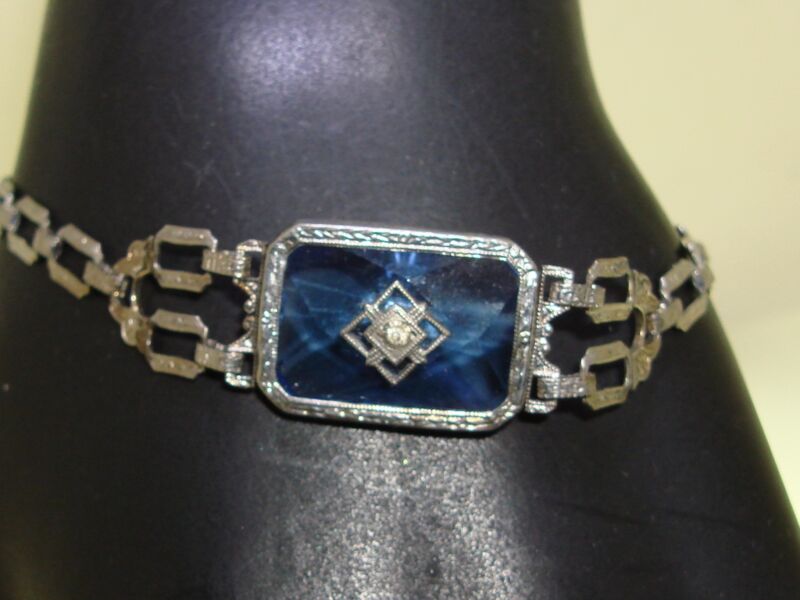 Antique Art Deco silver filigree bracelet with blue glass and genuine quartz
