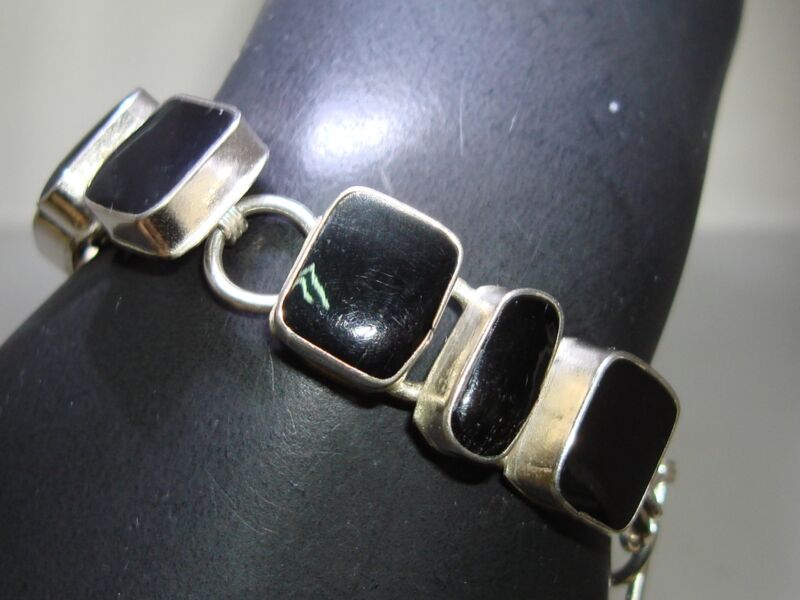 Vintage Mexican sterling silver black resin link toggle bracelet