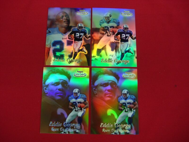 Four Eddie George Topps Gold Label football cards, including a rare Race to Payton Black insert